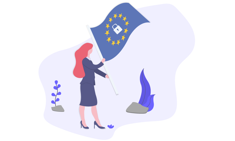 Une femme portant un drapeau sur lequel il y a un cadenas et les étoiles européennes pour illustrer la protection des données